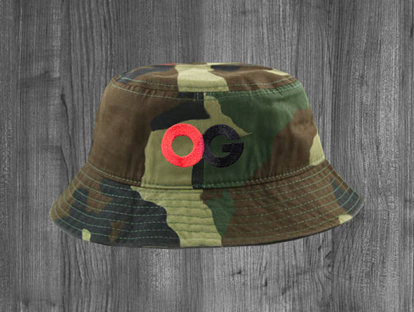 OG BUCKET HAT.  WOODLAND CAMO / RED & BLACK