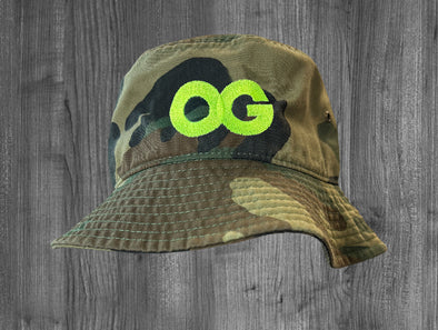 OG BUCKET HAT.  WOODLAND CAMO / NEON YELLOW