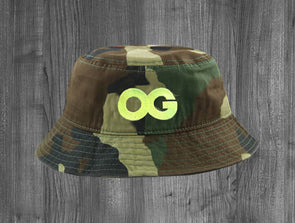 OG BUCKET HAT.  WOODLAND CAMO / NEON YELLOW