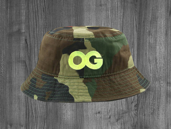 OG BUCKET HAT.  WOODLAND CAMO / NEON YELLOW
