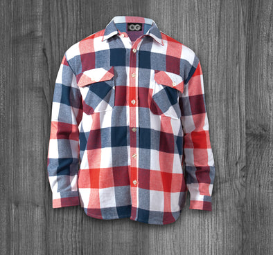 ENVIRONMENT OG FLANNEL.  RED, WHITE, BLUE / BLACK