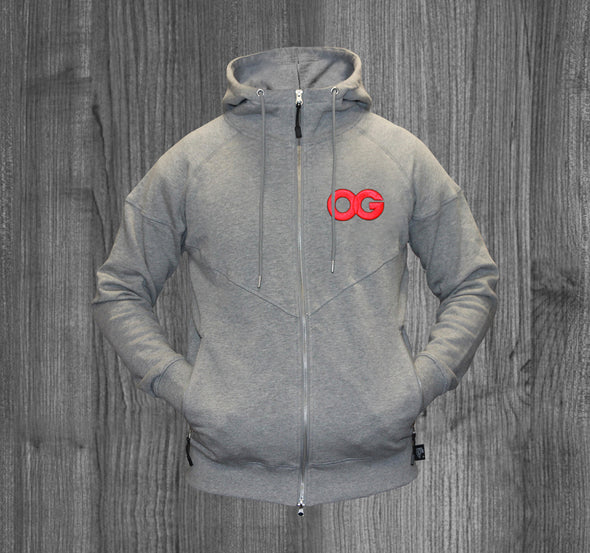 OG ZIP UP HOODY.  HEATHER GREY / RED