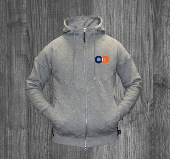 OG ZIP UP HOODY.  HEATHER GREY / ROYAL BLUE, WHITE, ORANGE